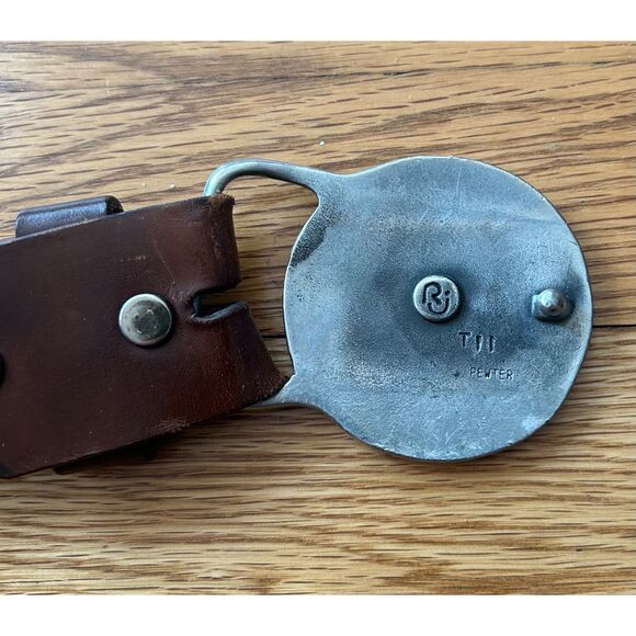 Vintage RJ Roberts Crush Coral Turquoise Pewter Belt Buckle Leather Hand Crafted - Picture 7 of 7